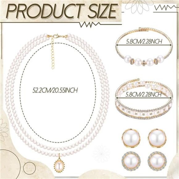 Gold Pearl Rhinestone Jewelry Set for Women Pearl Necklace Bracelet Earrings - Picture 3 of 7